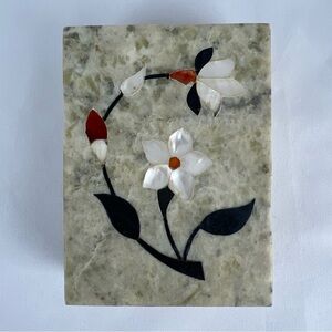 Vintage Fetco Marble Trinket Jewelry Box with Floral Inlay Magnetic Top Handmade